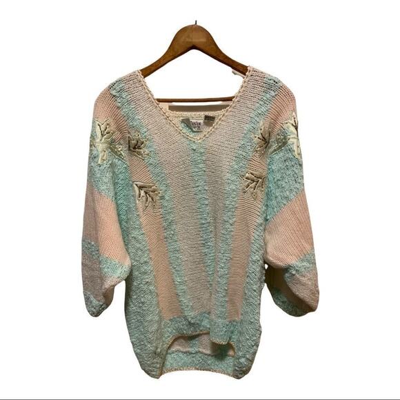Vintage VTG 80s Exclusive Imports v-neck sweater pastel embroidered and sequined - Picture 1 of 5